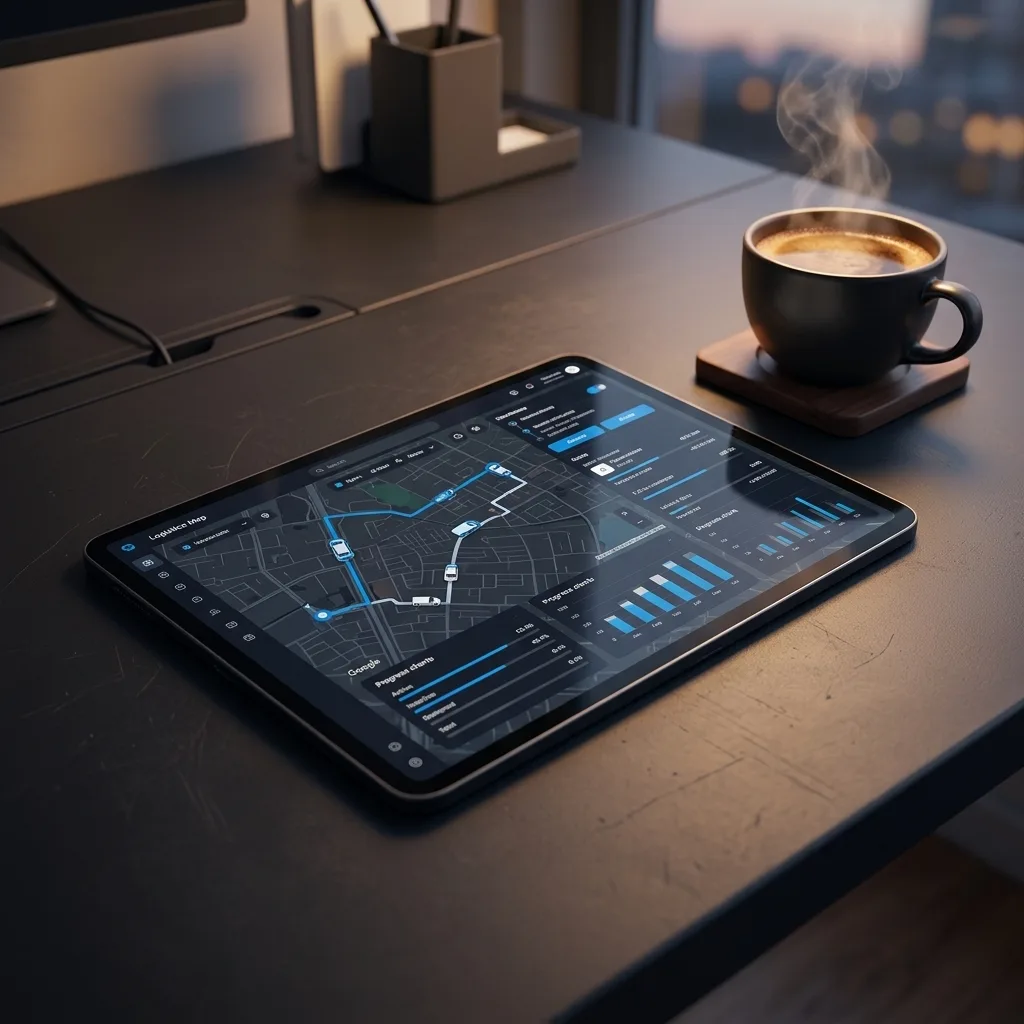 A sharp close-up of a tablet displaying a real-time logistics map, resting on a sleek dark desk beside a warm cup of coffee.