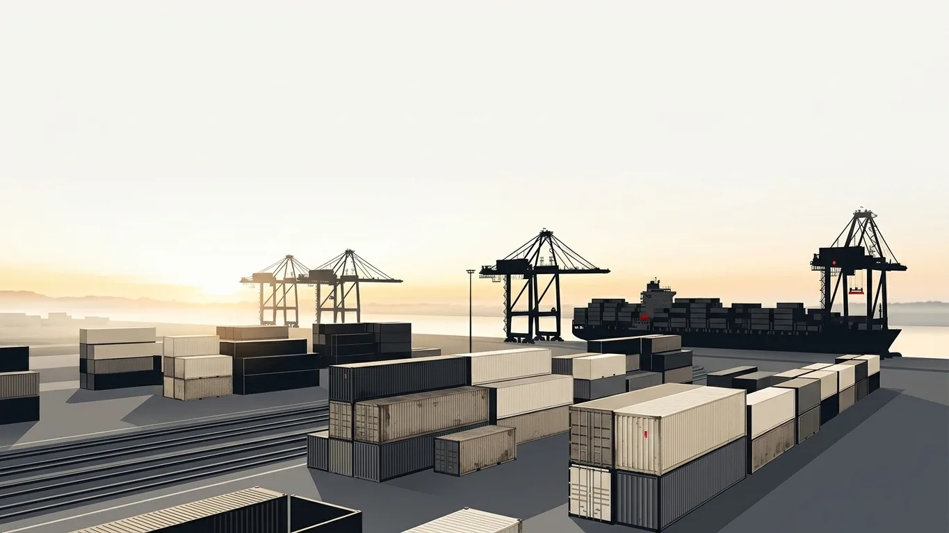 A modern cargo terminal at dawn, where sleek shipping containers meet a soft golden horizon, symbolizing a seamless, quiet bridge between East and Wes
