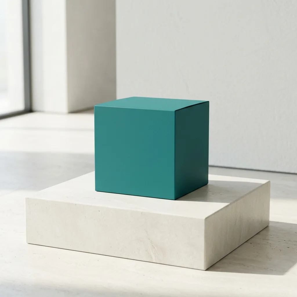 A minimalist matte teal product box rests on a cool off-white stone podium, illuminated by crisp morning sunlight in a modern architectural gallery.