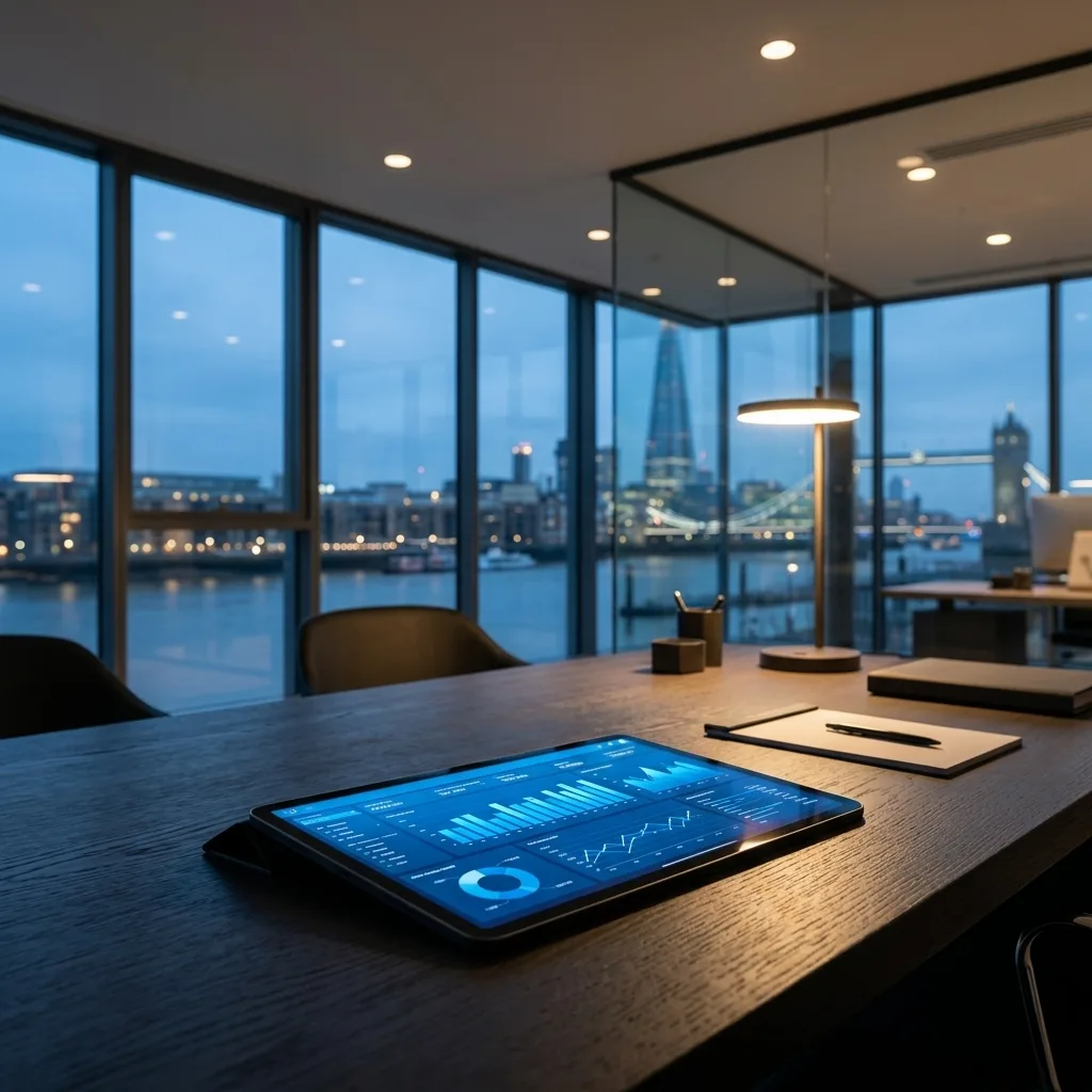 A modern, glass-walled office in London overlooking the Thames at dusk, where a sleek tablet displays a glowing blue data dashboard under warm ambient