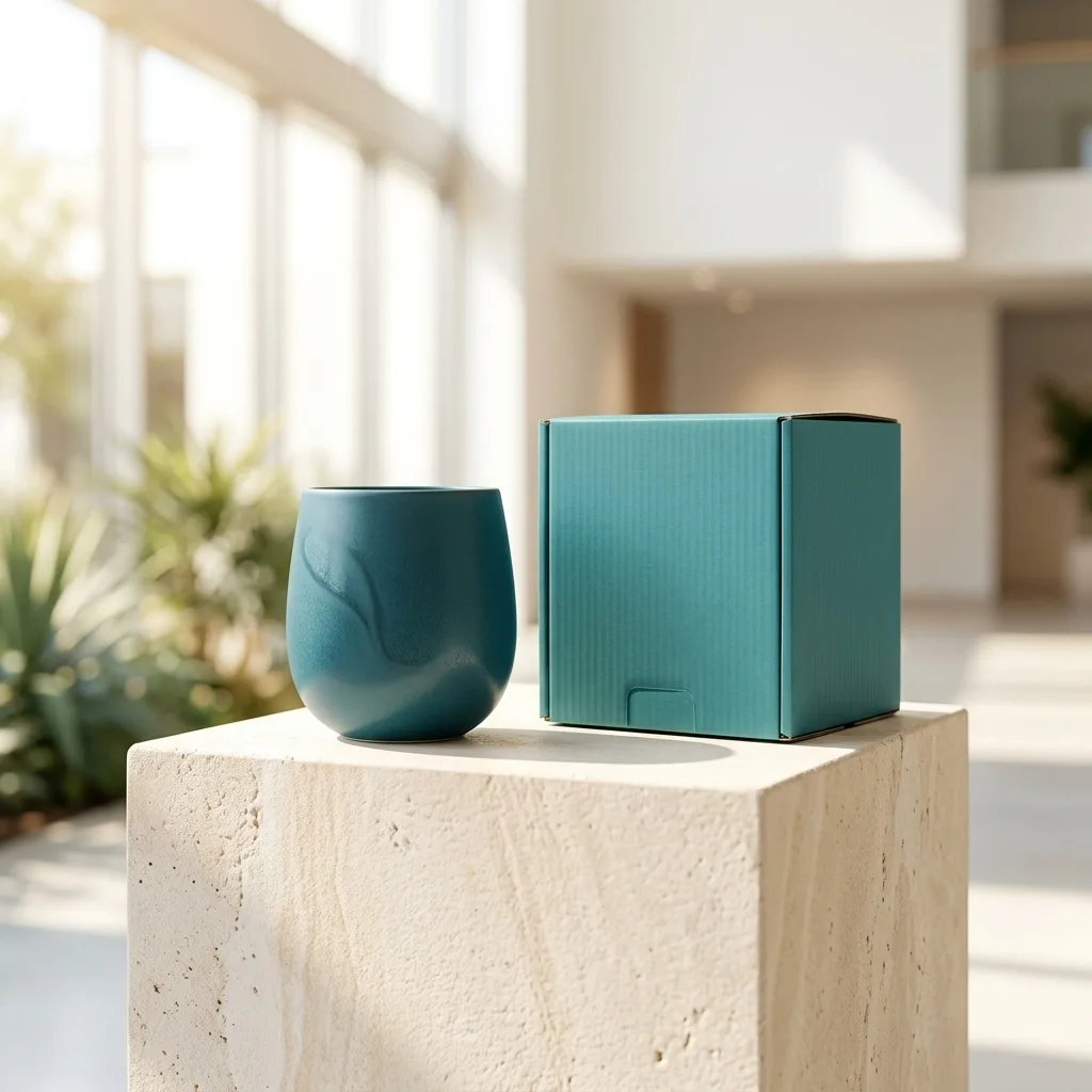 A sleek luxury ceramic vessel resting beside a minimalist teal shipping box on a sunlit pale stone pedestal.