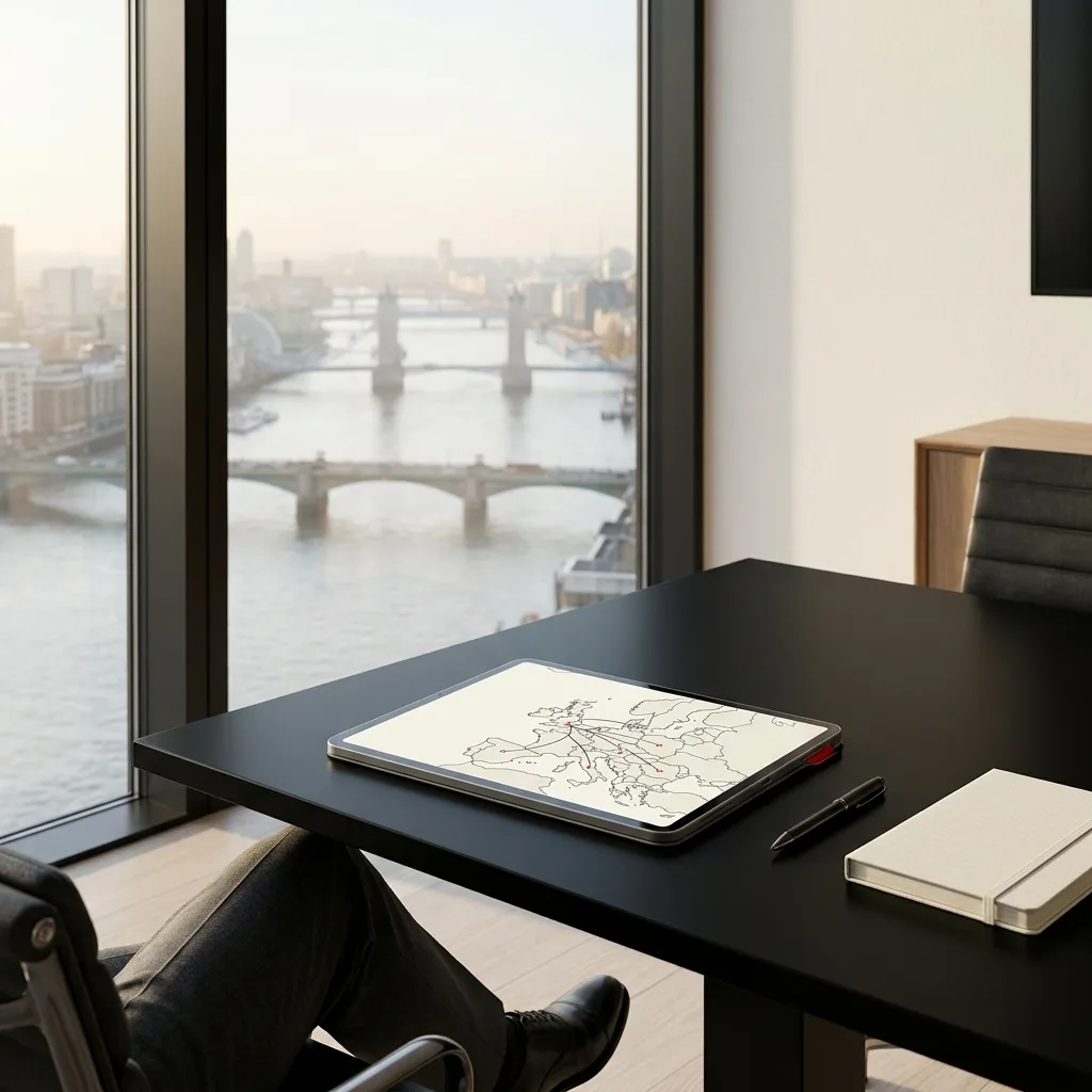 An elegant glass-walled boardroom in London overlooking the Thames, where a sleek tablet displays a clean logistics map under soft, natural morning li
