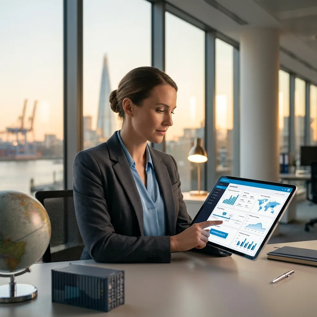 A focused professional in a sunlit London office reviewing real-time logistics data on a tablet, with clean corporate blue accents.