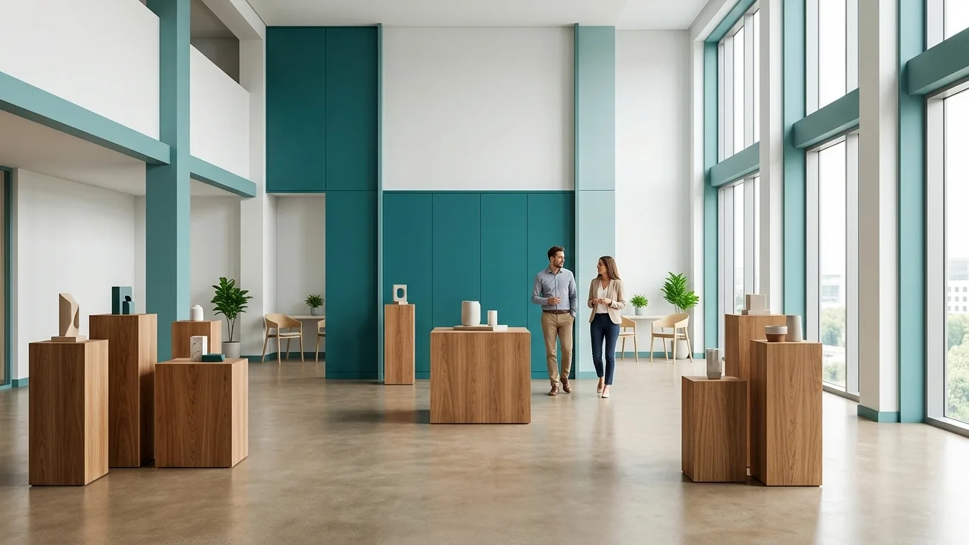 A spacious, sunlit design showroom featuring minimalist timber display pedestals, soft teal architectural accents, and generous airy space illuminated