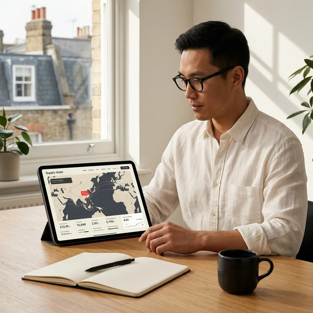 A focused professional in a sunlit London office analyzing real-time supply chain data on a tablet, with a sleek, minimalist desk background.