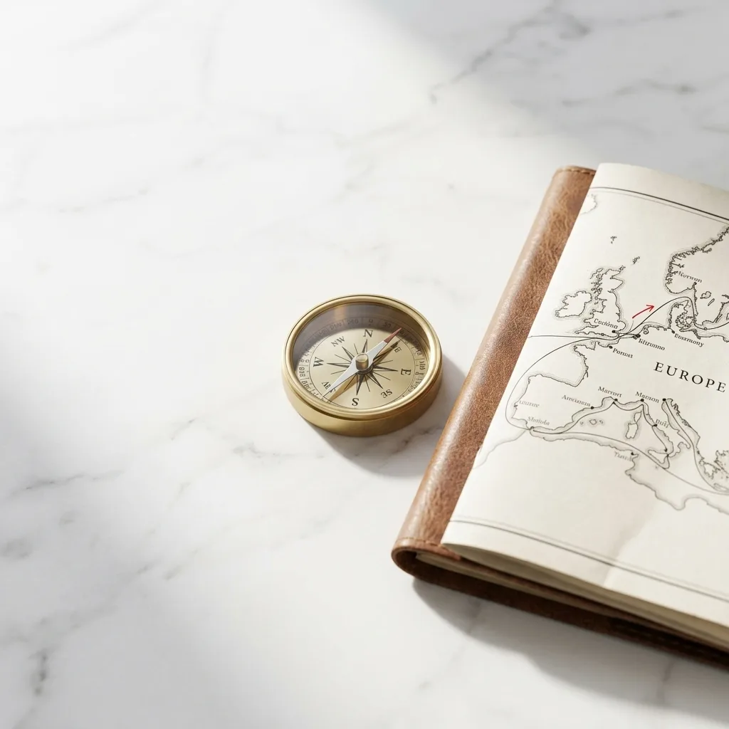 A sleek brass compass resting on a pristine, sunlit marble desk beside a folded leather-bound trade map of Europe, clean morning light.