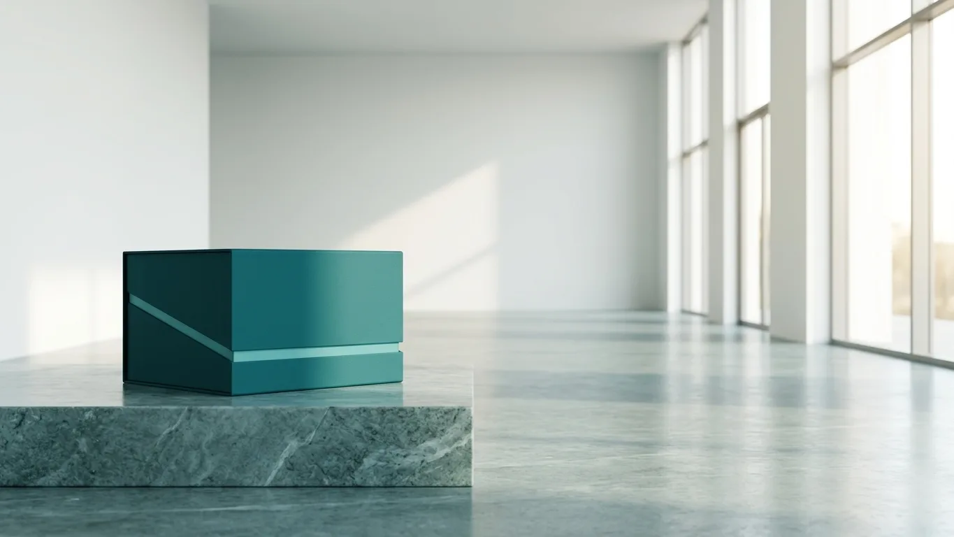 A sleek luxury retail package sits on a polished teal-grey stone podium inside a vast, sun-drenched minimalist gallery with generous atmospheric negat