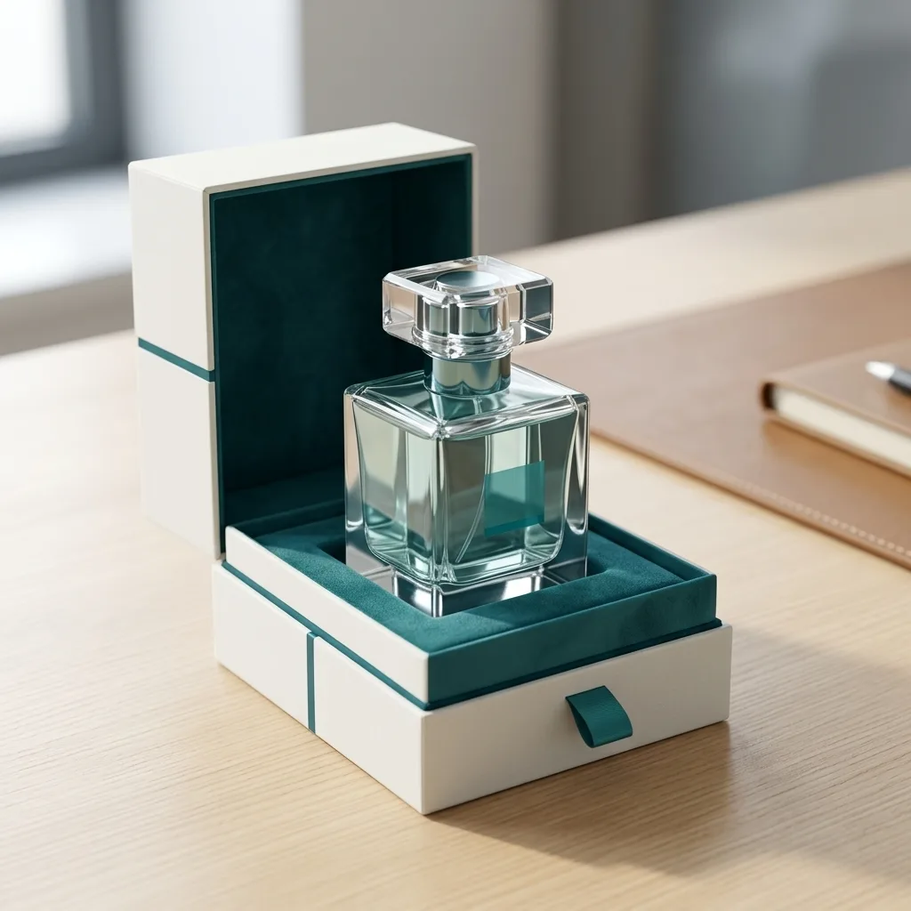 A tightly framed luxury glass bottle nestled securely inside a minimal off-white packaging box with deep teal accents, illuminated by soft, directiona