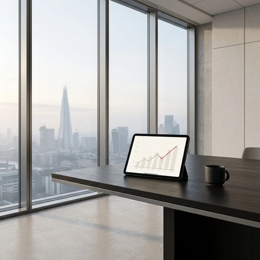 A modern glass-and-steel boardroom overlooking a misty London skyline at dawn, with a sleek tablet displaying clean, minimalist data charts on a dark 