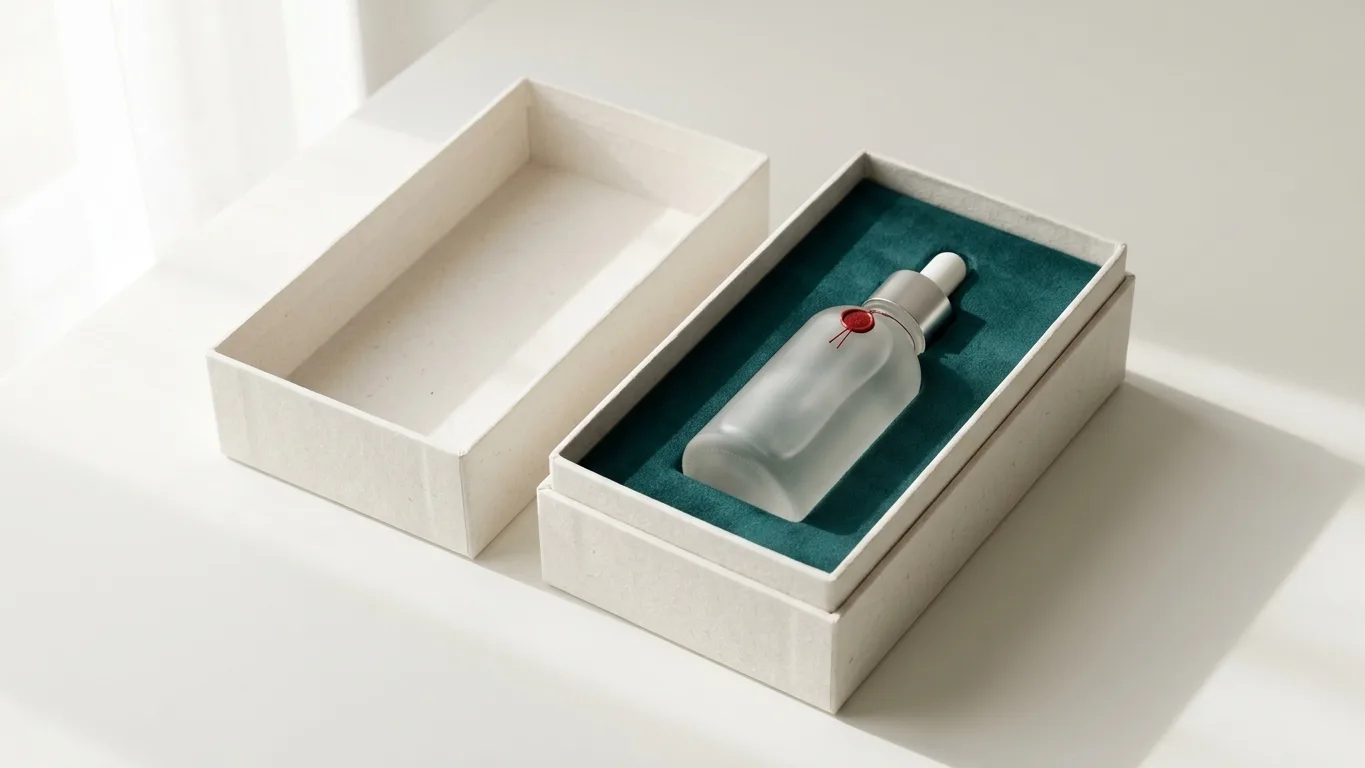 A frosted glass serum bottle resting inside an open, minimal off-white luxury box with deep-teal lining, illuminated by soft natural sunlight.