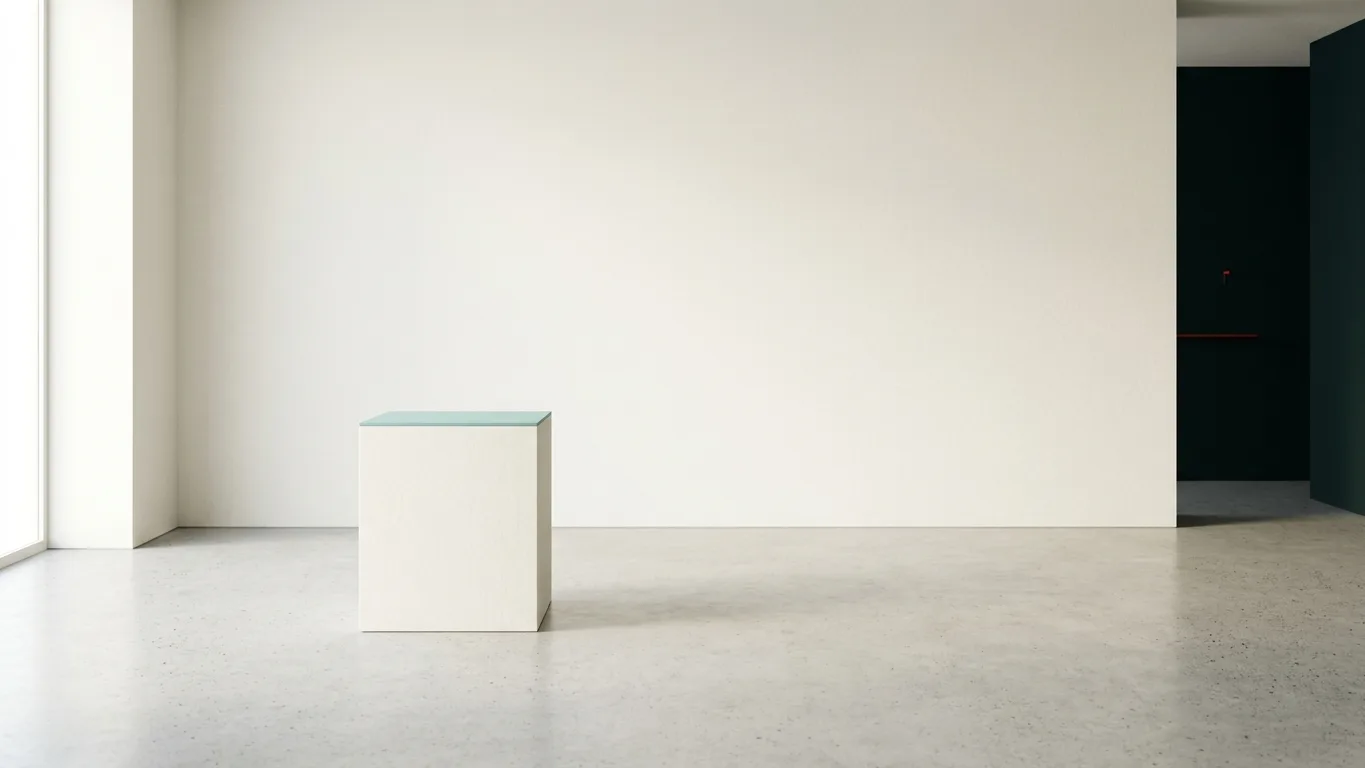 A vast, minimalist studio bathed in soft morning daylight, featuring a pale teal geometric pedestal on smooth, light concrete.