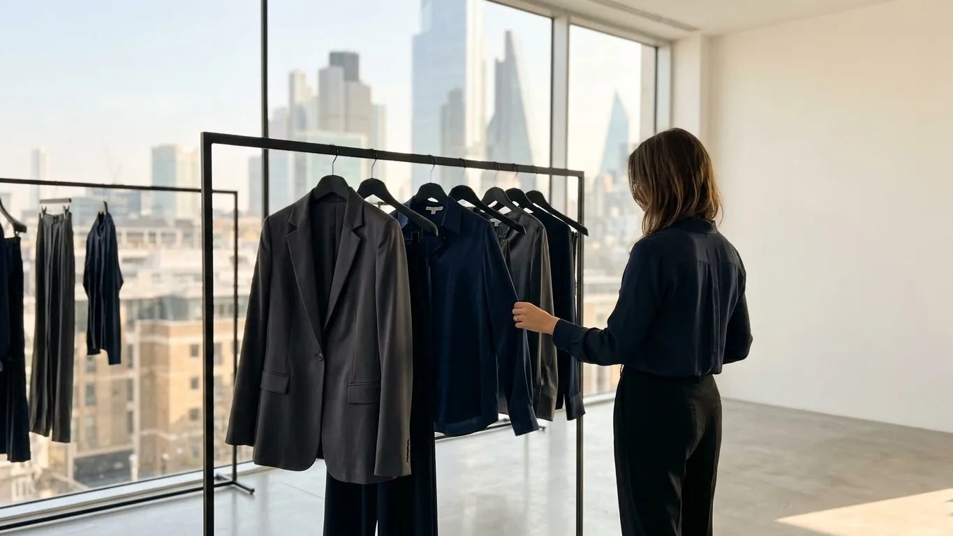 A minimalist, sunlit London showroom where elegant Chinese silk garments hang on a sleek rack, overlooking a soft-focus view of the city skyline.