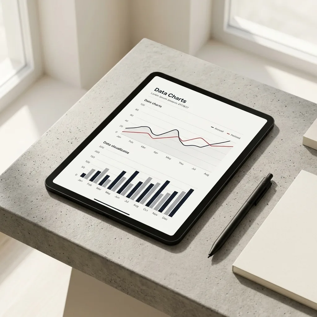 A sleek tablet displaying clean data charts sits on a minimalist concrete desk, bathed in bright, natural morning light from a nearby window.