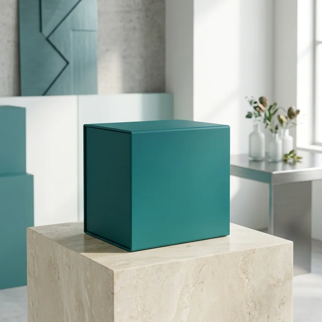 A sleek, matte teal designer packaging box resting on a smooth cream stone pedestal in a bright, modern studio with soft directional light.