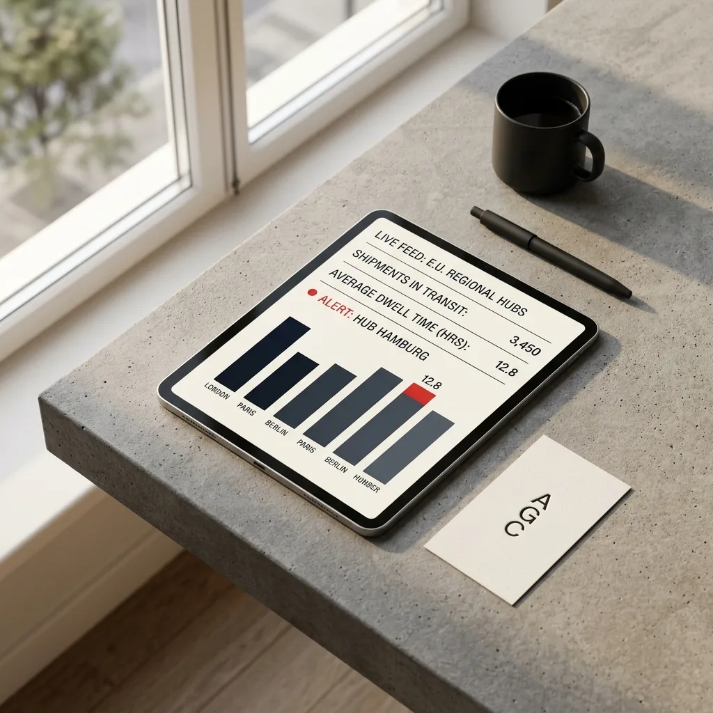 A sleek tablet on a minimalist concrete desk displays real-time logistics data, illuminated by soft morning light coming through a high-end European o