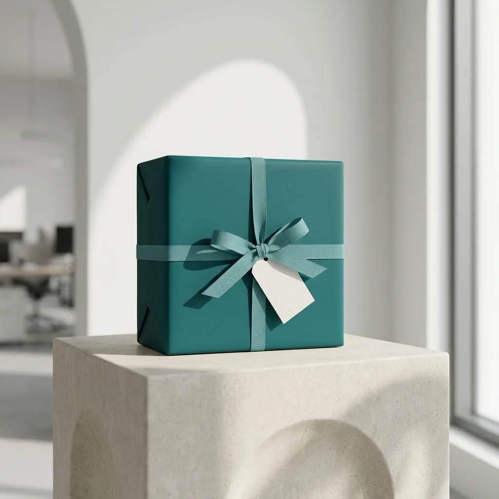 A matte deep-teal luxury gift package resting on a pale limestone pedestal, bathed in soft directional daylight with gentle arch shadows.
