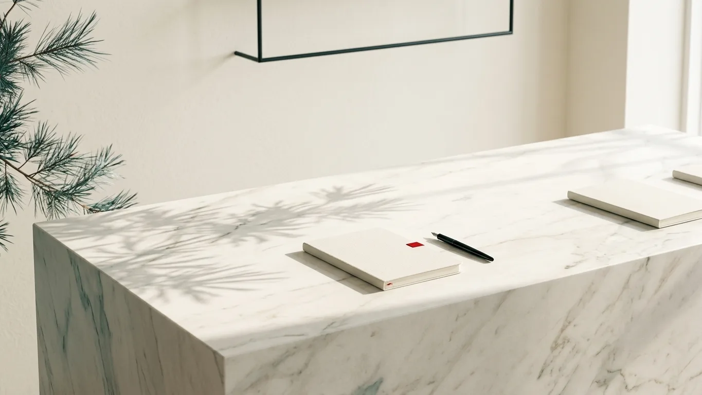 An airy, minimalist retail studio featuring a clean off-white marble surface bathed in soft natural light, with subtle pine-teal botanical shadows and