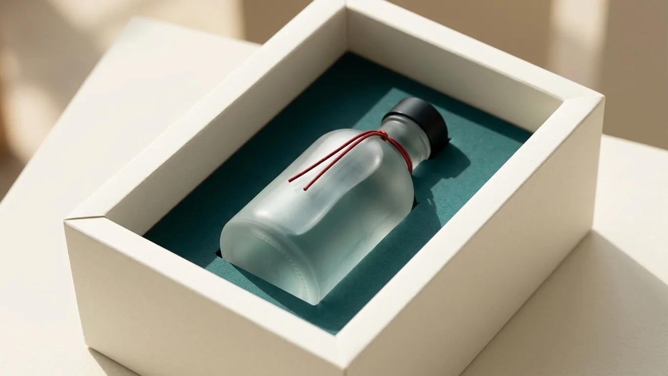 A close-up shot of a luxury frosted glass bottle nestled inside a minimal off-white box with deep teal accents, illuminated by soft directional light.