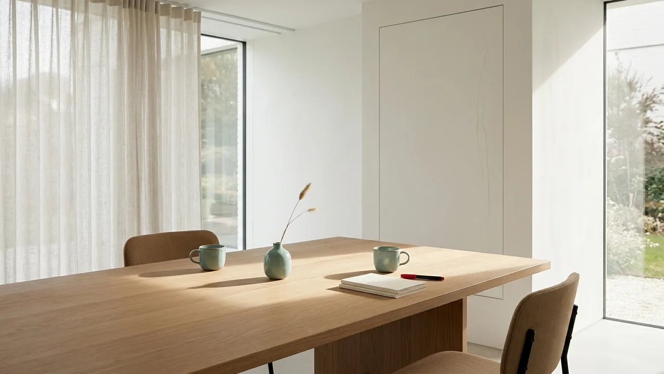 A sunlit, minimal meeting table with soft teal ceramic accents and vast negative space, bathed in gentle morning light through airy sheer curtains.