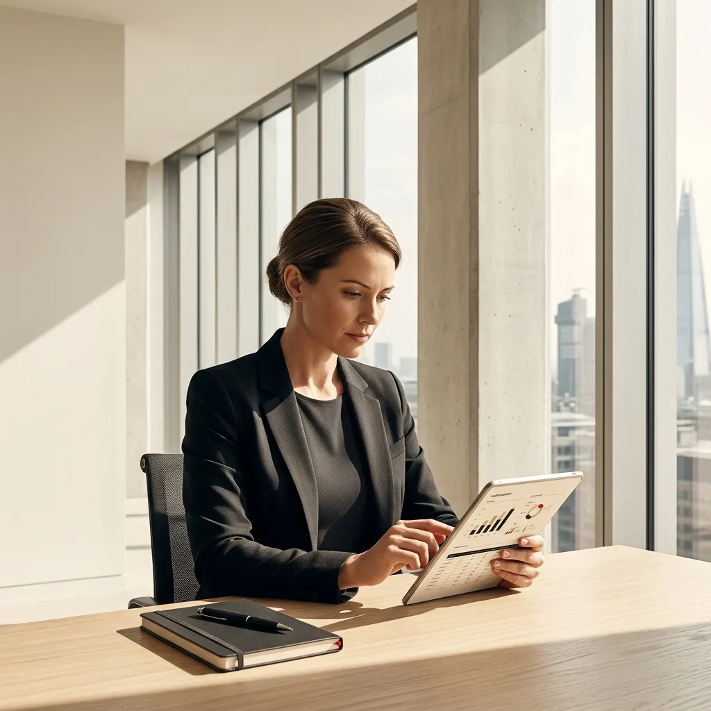 A focused female trade consultant in a minimalist, sunlit London office, analyzing logistics data on a tablet with clean architectural lines behind he