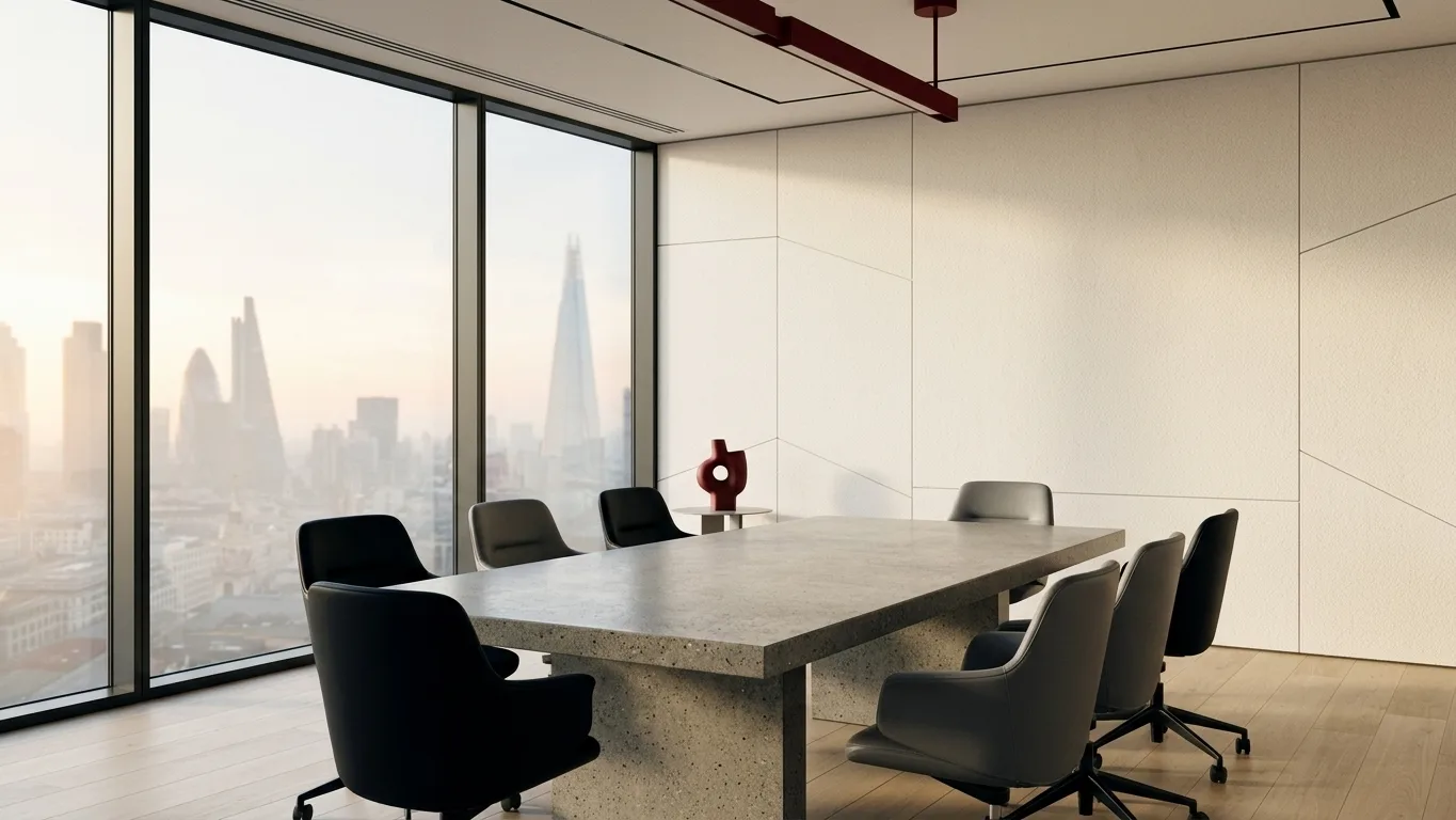 A sleek, minimalist London boardroom overlooking a misty skyline, bathed in soft morning light with vast, clean window space for text overlay.