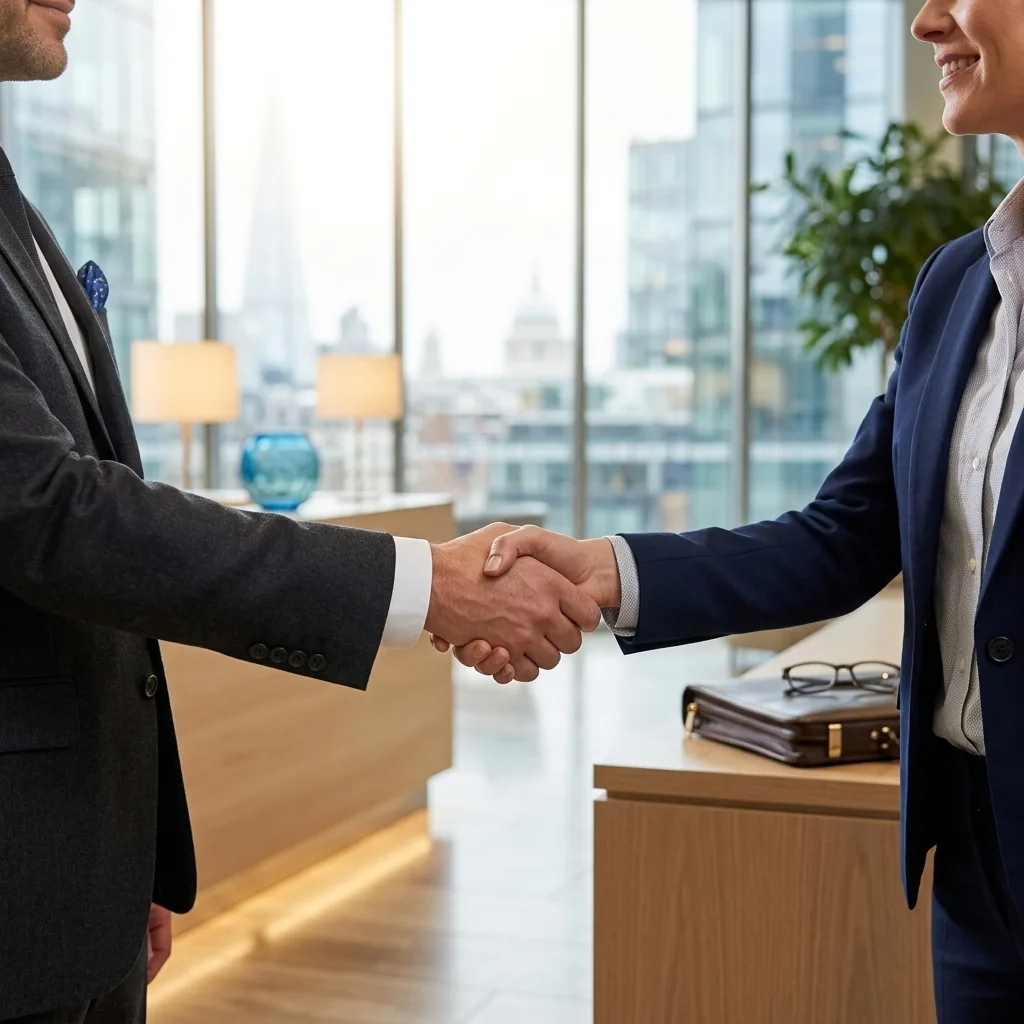 A close-up shot of two business partners shaking hands in a bright, modern London office lobby with soft morning light streaming through floor-to-ceil