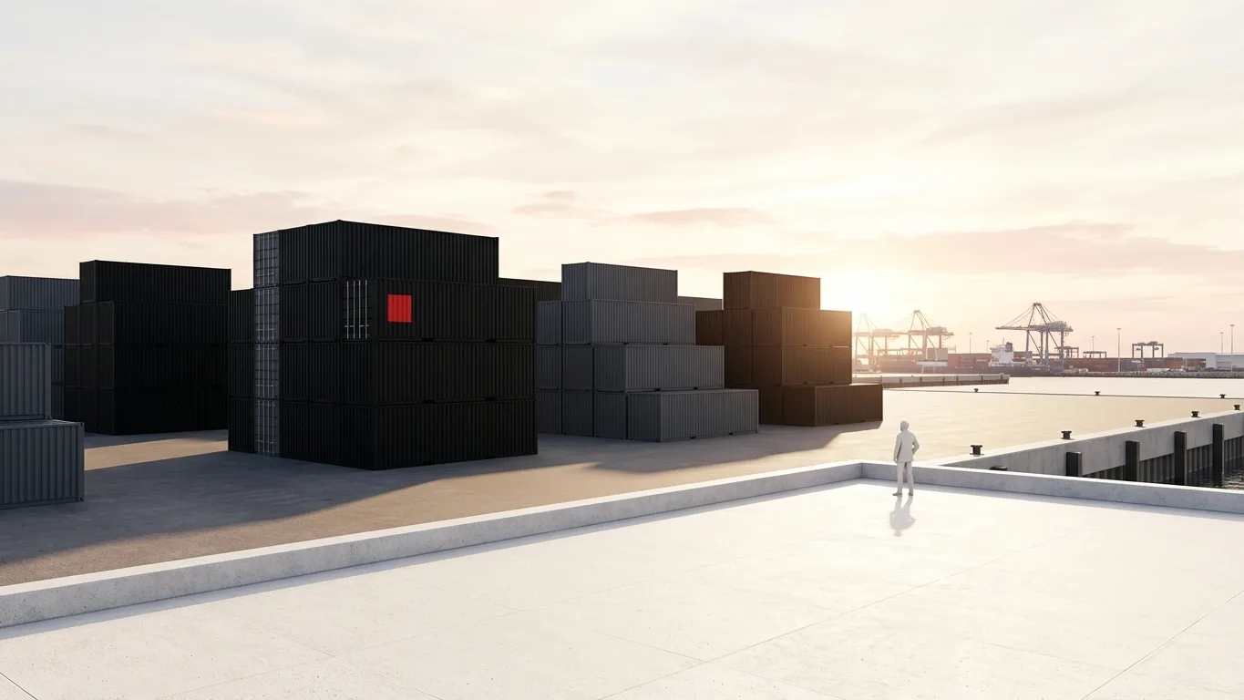 An expansive, sunlit European port terminal at dawn with towering shipping containers, casting soft shadows across a clean, minimalist concrete foregr