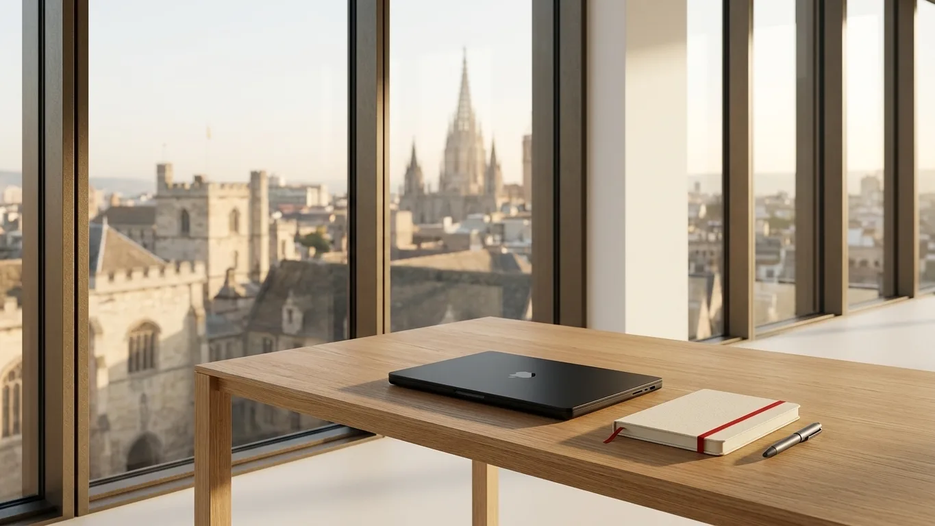 A sleek, sunlit modern office overlooking a historic European city skyline, featuring a minimalist wooden desk with a single closed laptop and generou